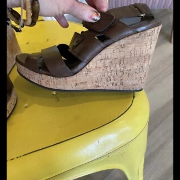 Donald J Pliner Leather Sandals Brown Sz 7 Gretal Cork Platform Wedge Boho Spain - Picture 5 of 9